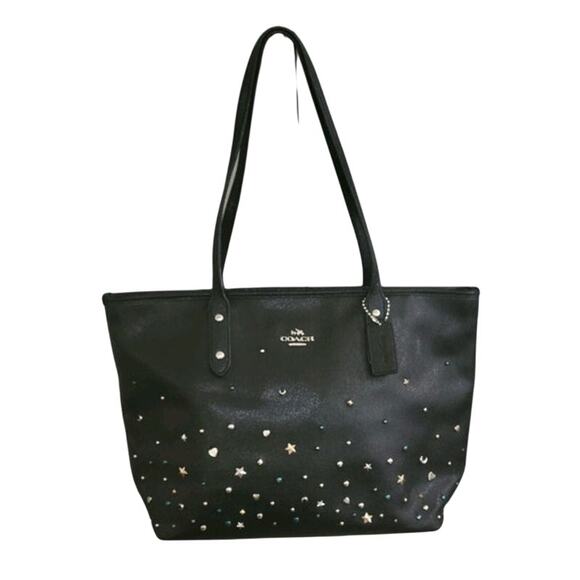 Coach‎ City Zip Tote with Stardust Studs Black F22299 Leather Top Zip BEAUTIFUL - Picture 1 of 13